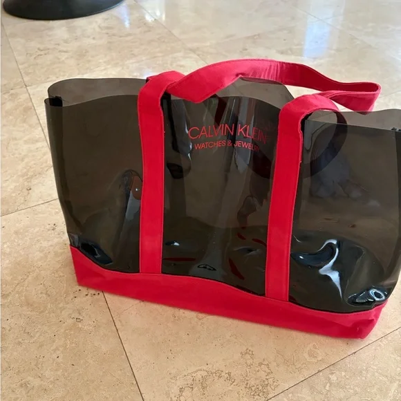 Calvin Klein Black Patent Tote with Red Handles and Base - Picture 3 of 7